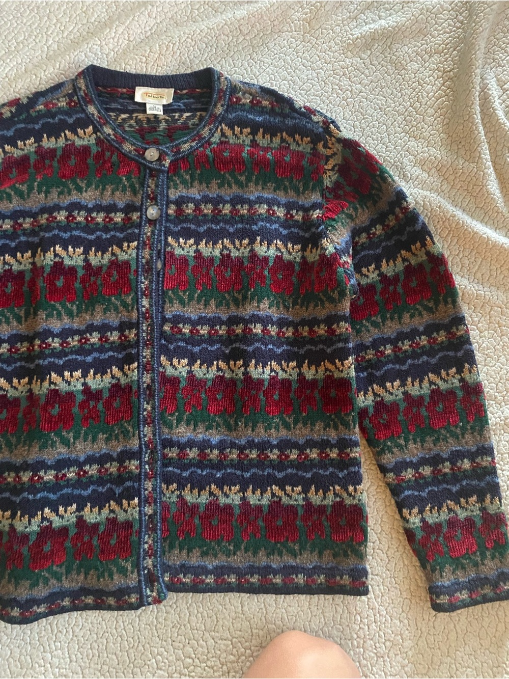 Vintage Talbots Multicolor Patterned Button Cardigan - Navy, Green, Red - Picture 2 of 7